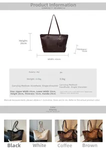 Detailed size specifications and four classic color options for the large PU tote bag