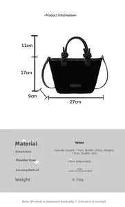 Detail view of black velvet tote bag showing 27x17x9cm dimensions and adjustable strap