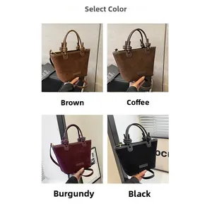 Detail view of suede bucket bags in brown, coffee, wine red, and black with knotted handles