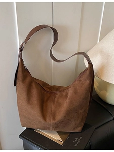 Vintage brown suede Hobo bag with wide leather strap and silver hardware for women