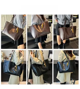 Detailed views of a minimalist faux leather tote bag with stylish bead charm accessory