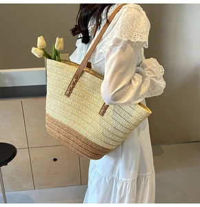 Detail of hand-woven straw tote with leather straps and delicate cross-stitch craftsmanship