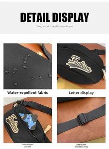 Sac de poitrine noir imperméable avec patch mode et bandoulière réglable