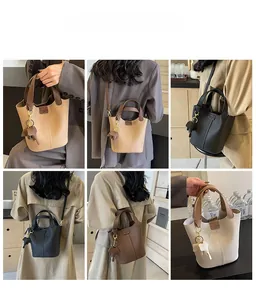 Litchi pattern bucket bag with twin handles and horse charm shown in multiple styling views