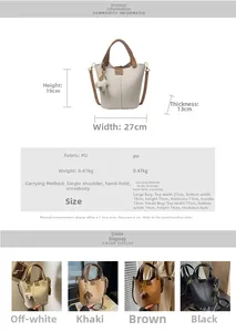 Size guide for PU leather bucket bag set showing dimensions for large and small pouches