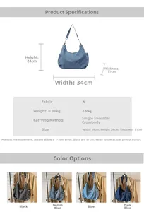 Tableau des tailles du sac en denim avec dimensions 34x24x11cm et détails du tissu