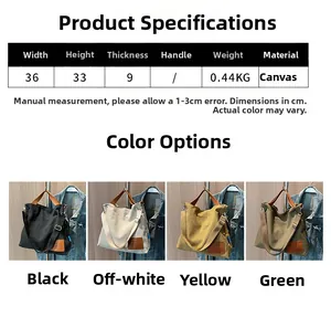 Detailed size specifications and material view of large canvas tote bag in four colors