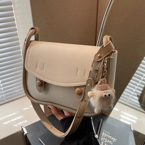 Fashion PU Leather Underarm Bag For Women Retro Solid Color Shoulder Bag With Plush Monster Pendant Saddle Bag Crossbody Bag