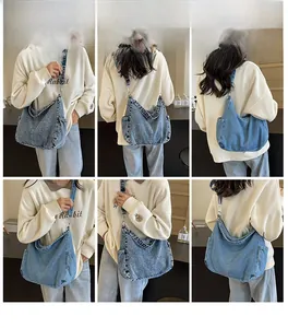Collage d'un mannequin portant un sac hobo en jean bleu montrant divers styles et angles