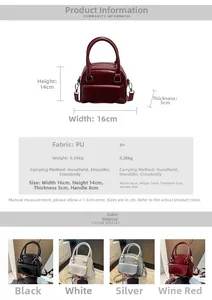 Tabella dettagliata di dimensioni e colori per la mini borsa a tracolla Boston in pelle PU