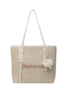 Große beige geflochtene Stroh-Tote-Bag mit Summer-Stickerei und weißen Ledergriffen