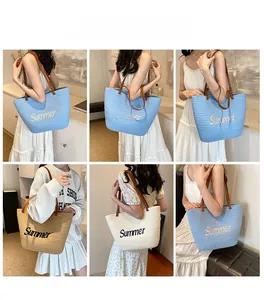 Collage of large straw tote bags in blue, beige and khaki for summer fashion
