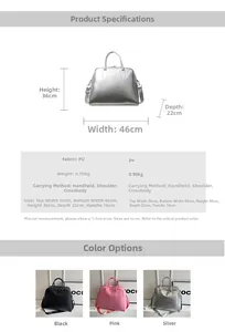 Detailed size specifications for a large PU leather tote bag with handle measurements