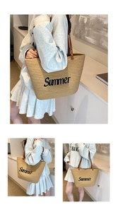 Detailed views of a straw tote bag with Summer embroidery and brown leather handles