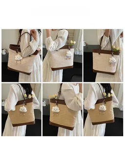 Collage of straw tote bag with brown leather straps and cute plush cloud charm