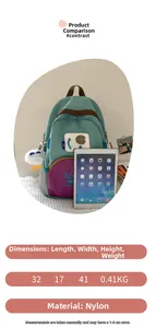 Detailed view of the 32x17x41cm nylon backpack showing size dimensions and weight