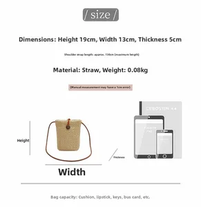 Size guide for straw crossbody bag showing 19cm height and 13cm width dimensions