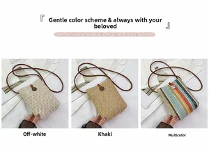 Straw mini crossbody bags shown in beige, khaki and multi-color stripe patterns