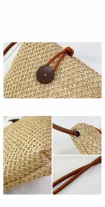 Detailed macro view of woven straw texture with a dark wooden button closure on a small bag