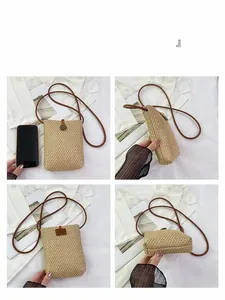 Detailed views of the straw woven mini crossbody bag with leather strap and button closure