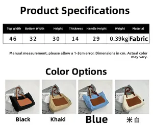 Detailed dimension chart and four color options for the large canvas tote bag