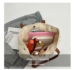 Top view of cream canvas tote bag interior showing large capacity and multiple pockets