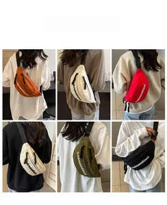Collage showing various colors of casual canvas crossbody bags with adjustable straps