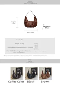 Tableau des tailles du grand sac besace en cuir PU avec dimensions et détails de style