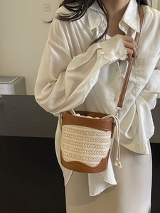 Women Woven Straw Bucket Bag PU Leather Patchwork Drawstring Summer Beach Vacation Shoulder Crossbody Fashion Handbag