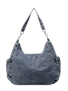 Sac hobo rétro en jean délavé avec ferrures argentées et grande capacité pour le quotidien