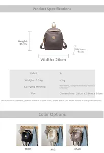 Detailed size specifications for women's nylon backpack with multi-carry options