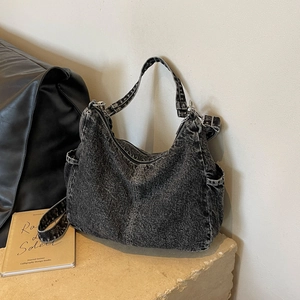 Sac fourre-tout rétro en denim gris foncé lavé avec poche spacieuse et fermeture éclair