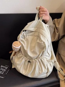 Large Capacity Nylon Backpack For Women Minimalist Japanese Style Travel School Bag With Cute Plush Coffee Cup Charm Versatile Daypack