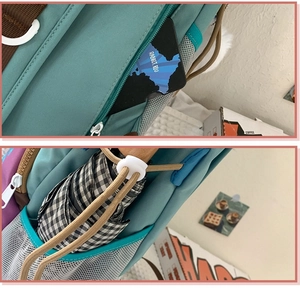 Detail of teal functional backpack showing hidden side zip pocket and mesh umbrella holder