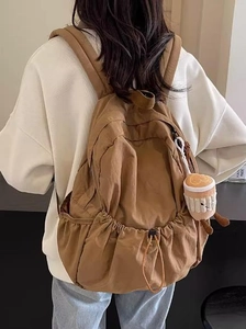 Brown nylon large capacity backpack for students with a cute plush coffee cup pendant
