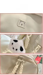 Detail display of cream canvas backpack with cute bear patch and rope zipper pulls