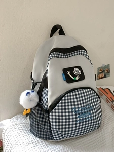 Cute light grey and blue plaid large capacity school backpack with plush duck charm