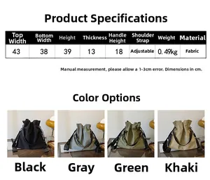Detailed size chart and multi-color options for this large fabric tote shoulder bag