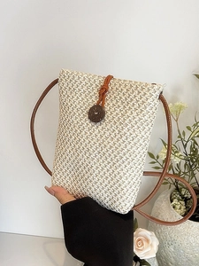 Summer Straw Woven Mini Crossbody Bag For Women Vintage Button Small Square Mobile Phone Bag Handmade Casual Beach Shoulder Bag