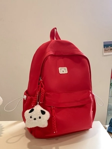 Minimalist large capacity red nylon school backpack with cute bear patch and plush pendant