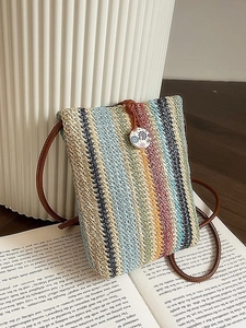 Colorful striped woven straw crossbody phone bag with drawstring and white floral button