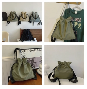 Detail view of versatile drawstring backpack in nylon with side zipper and broad straps
