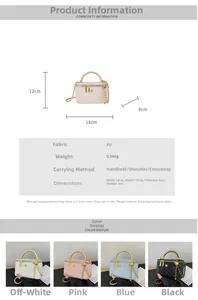 Quilted mini box bag dimensions and material details with four color options shown