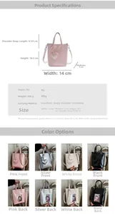 Detailed dimension guide and color options for heart pendant woven crossbody phone bag
