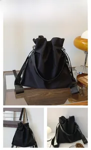 Three-way view of a minimalist black nylon drawstring tote bag in various life scenes
