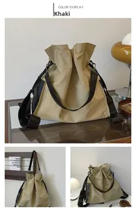 Detailed views of the khaki drawstring bucket bag showing front and side adjustable straps