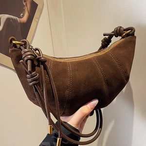 Women Minimalist Suede Texture PU Leather Croissant Bag Half Moon Shoulder Bag Stitching Detail Knot Strap Crossbody Bag Casual Daily Purse