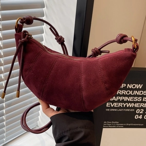Burgundy suede croissant bag with pleated details and knotted strap, fashion crossbody