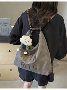 Large Capacity PU Leather Hobo Bag For Women Vintage Letter Print Shoulder Bag Versatile Travel Backpack With Plush Charm