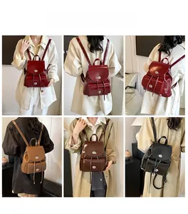 Detail shots showing high-gloss patent leather backpacks worn by a model in various colors